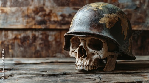 Still life with human skull in soldier helmet on wood backgroundvintage tone concept Halloween photo