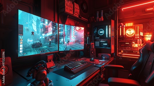 Powerful Personal Computer Gamer Rig with First-Person Shooter Game on Screen