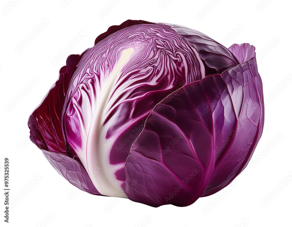 Obraz premium Fresh purple cabbage with vibrant leaves, perfect for salads and healthy dishes. Rich in nutrients and visually appealing cut out isolated transparent PNG