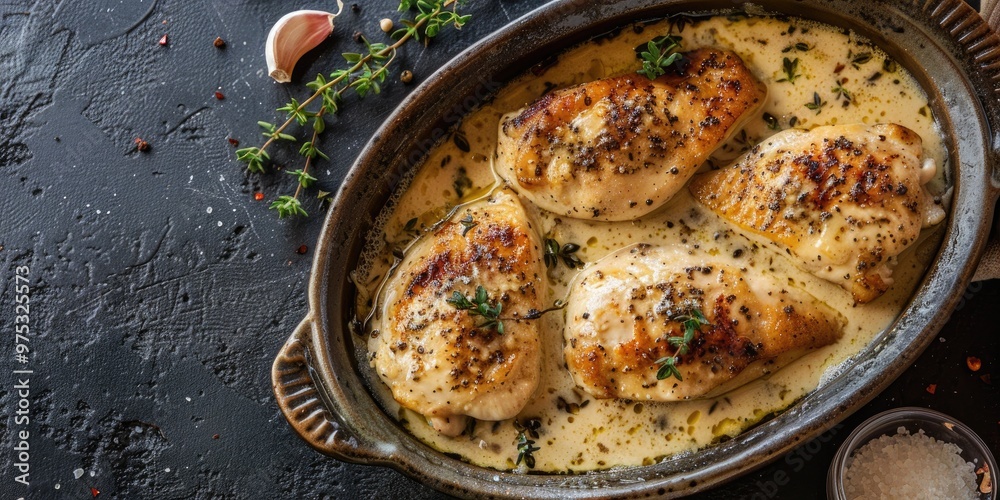 Bird's-eye perspective of poultry pieces in a creamy white wine sauce served in a ceramic dish, with plenty of room for text. Bird's-eye perspective of poultry pieces in a creamy white wine sauce served in a ceramic dish, with plenty of room for text.