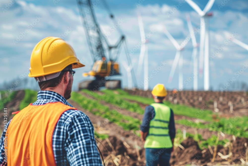 Workers operate machinery in the field near wind turbines while promoting clean energy practices during a sunny day Workers operate machinery in the field near wind turbines while promoting clean energy practices during a sunny day