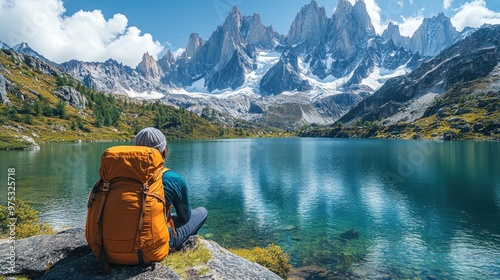 Hiker admiring a serene mountain lake landscape.