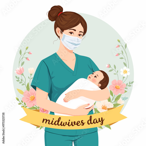 Midwife Holding Newborn Baby with Flowers