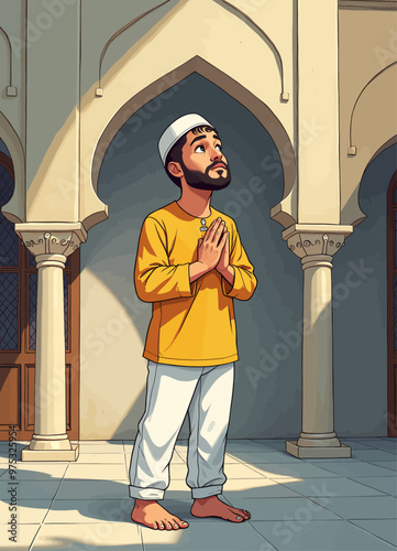 Man Praying in Mosque Courtyard