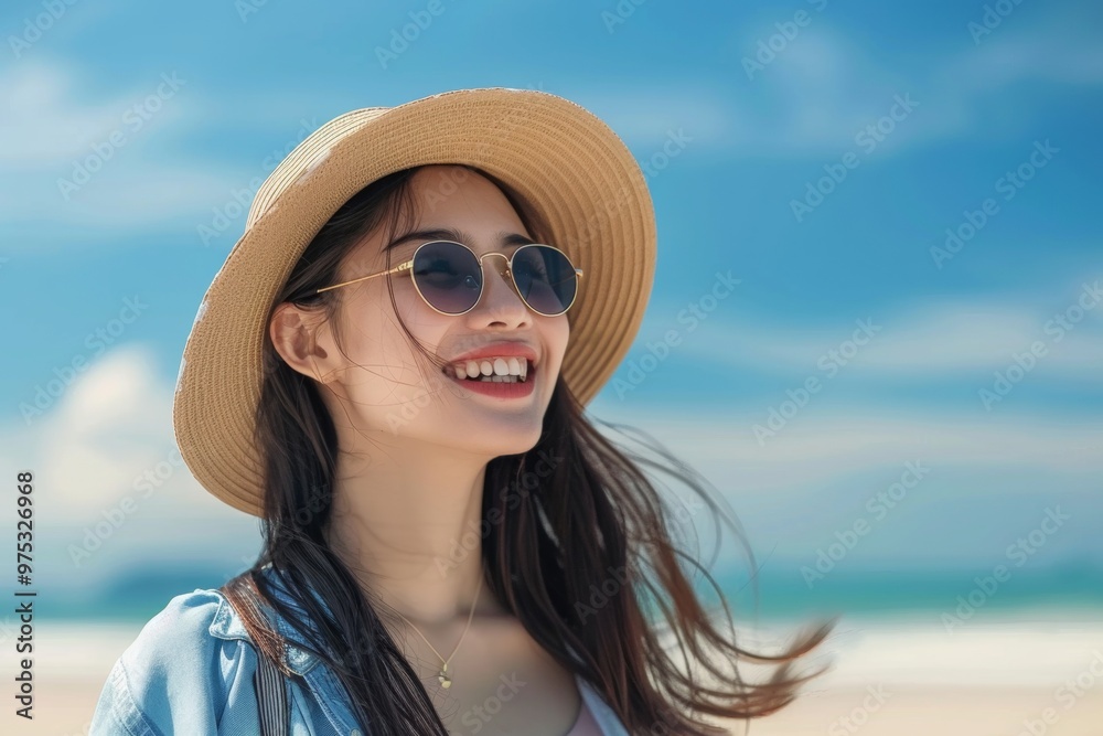 A woman wearing a straw hat and sunglasses is smiling A woman wearing a straw hat and sunglasses is smiling