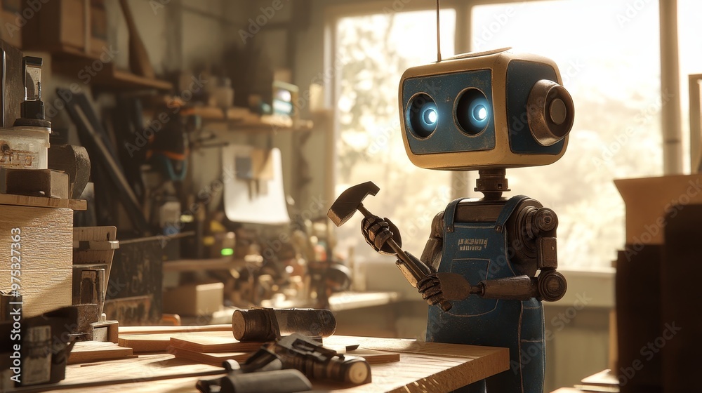 Robotic Carpenter in Overalls Holding Hammer in Woodworking Shop with Soft Morning Light Robotic Carpenter in Overalls Holding Hammer in Woodworking Shop with Soft Morning Light