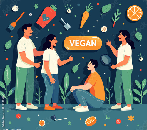 Group of friends discussing vegan lifestyle.
