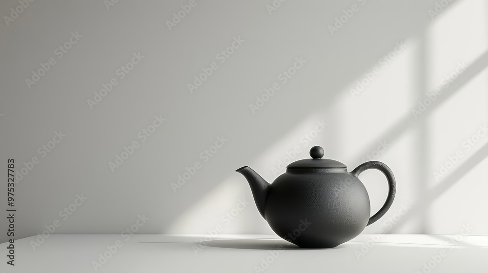 A lone ceramic teapot in matte black, set against a stark white backdrop, emphasizing its smooth contours A lone ceramic teapot in matte black, set against a stark white backdrop, emphasizing its smooth contours