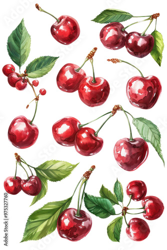 Vibrant cherry illustrations with green leaves, perfect for food themes, summer designs, or botanical projects.