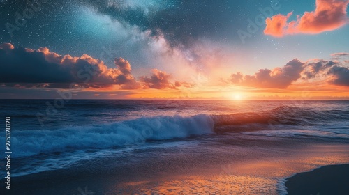 A mesmerizing sunset over the ocean, with the Milky Way visible in the sky. The waves gently lap the shore, creating a serene and peaceful atmosphere.