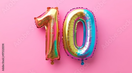 Rainbow foil balloon number digit ten. Birthday greeting card with inscription 10. Anniversary concept. Top view. Colored numeral on pink background. Numerical digit Celebration event template.