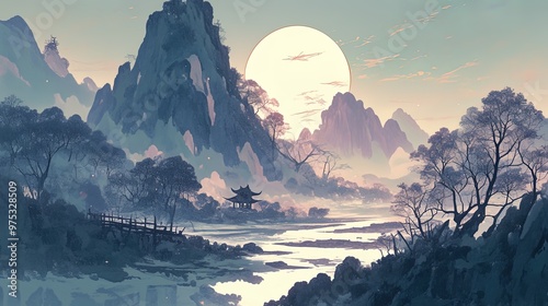 Traditional landscape painting, novel game poster material illustration
