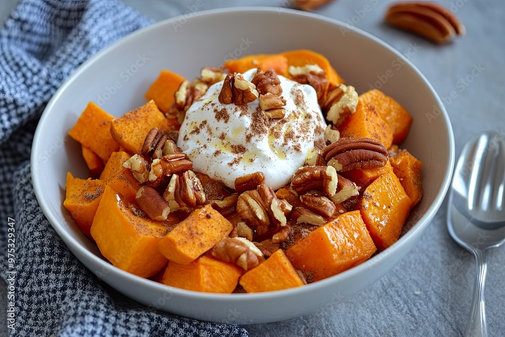Bowl of roasted sweet potatoes with yogurt and nuts. Bowl of roasted sweet potatoes with yogurt and nuts.