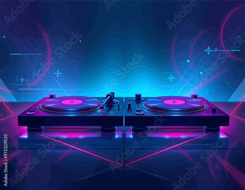 DJ Setup with Illuminated Turntables and Abstract Light Effects