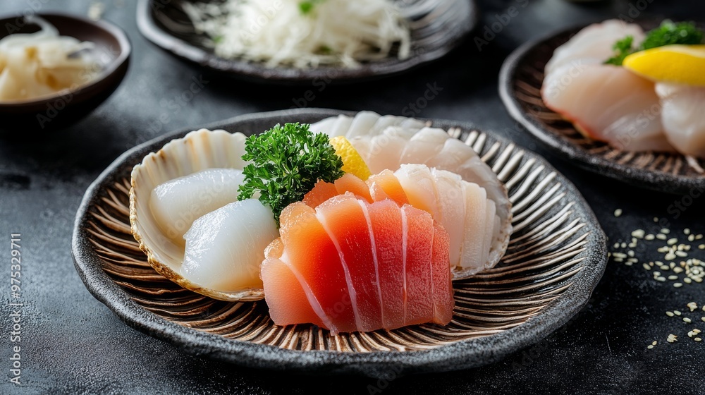 Sashimi sushi set with scallop on shell with daikon and lemon on plate on dark background Sashimi sushi set with scallop on shell with daikon and lemon on plate on dark background