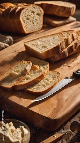 A warm wooden cutting board background with bread slices and a knife for a bread-themed scene