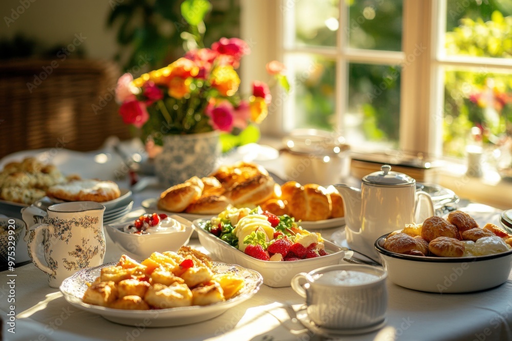 A full continental breakfast spread with pastries, fruit salad, scrambled eggs, and freshly brewed coffee, set on a sunlit dining table in a cozy kitchen setting A full continental breakfast spread with pastries, fruit salad, scrambled eggs, and freshly brewed coffee, set on a sunlit dining table in a cozy kitchen setting