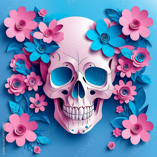 Paper art human skull with cute flowers illustration on the abstract background. 