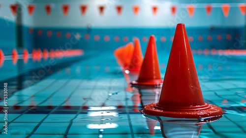 Red training cones on swimming pool floor trainning and camp concept photo