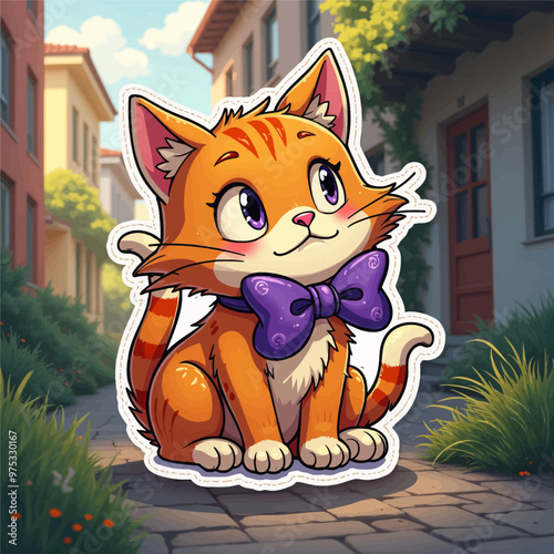 Cute Orange Cat with Purple Bowtie  in an Alleyway