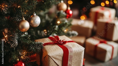 Close-up of a beautifully wrapped Christmas gift under a decorated Christmas tree with red ribbon, ornaments, and twinkling lights in the background.