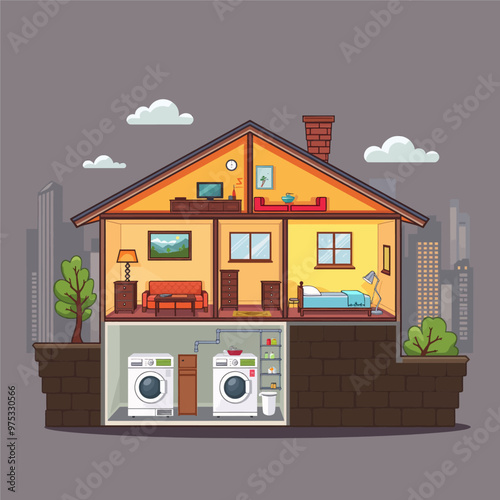 Cross-section of a house with living room, bedroom and laundry room.