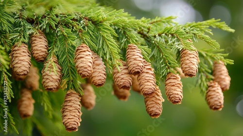 Closeup of cones of a weeping deodar cedar tree photo