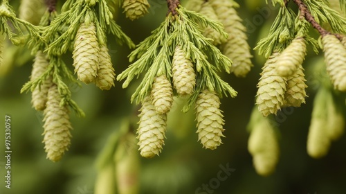 Closeup of cones of a weeping deodar cedar tree photo