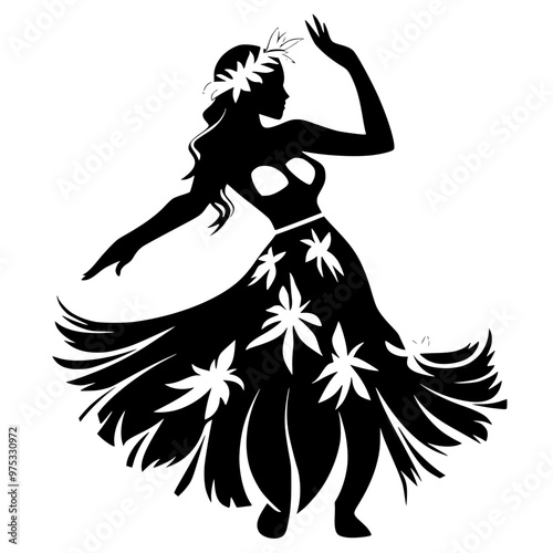 Silhouette of a Hula dancer in traditional attire, A black and white silhouette of a female Hula dancer in a traditional outfit, performing a graceful dance with flowing movements. 