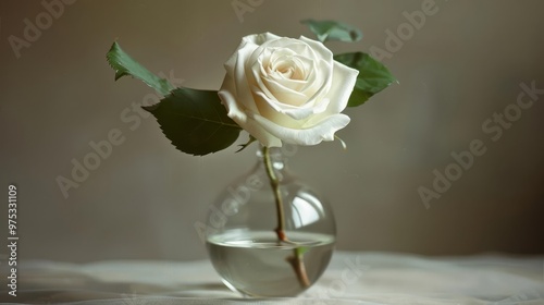 A lone, handblown glass vase containing a single, longstemmed white rose photo