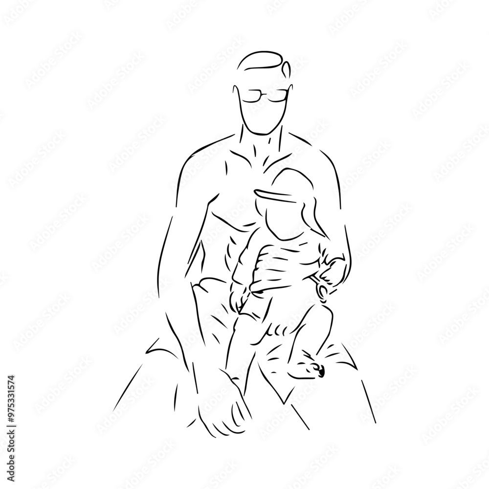 line art illustration of a father holding his baby son in black and white line art illustration of a father holding his baby son in black and white