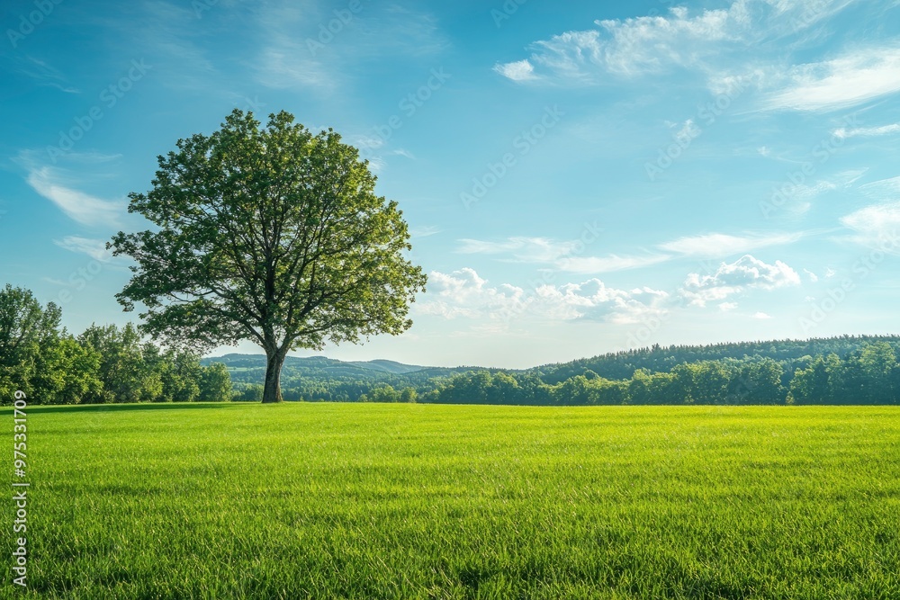 Obraz premium Green grass field lawn with tree and blue sky Green Meadows Beautiful Journey Through Nature Great as a background, web banner , ai