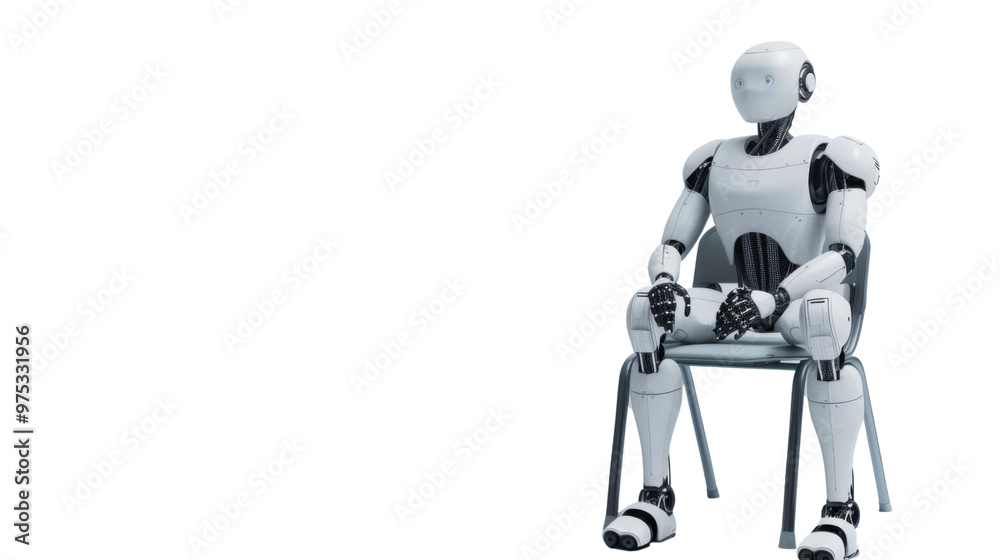Robot waiting for a job interview AI sitting on chair on transparent background Robot waiting for a job interview AI sitting on chair on transparent background