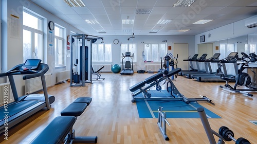 School of rehabilitation centre gym interior with sport equipment