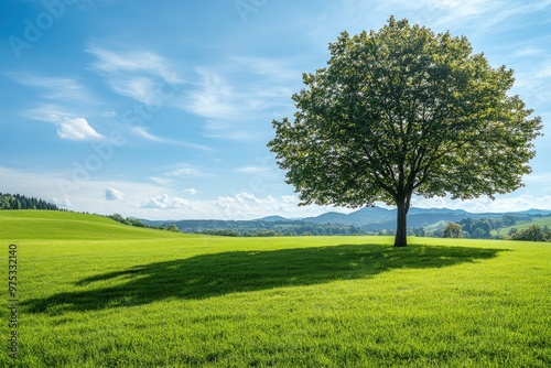 Green grass field lawn with tree and blue sky Green Meadows Beautiful Journey Through Nature Great as a background, web banner , ai