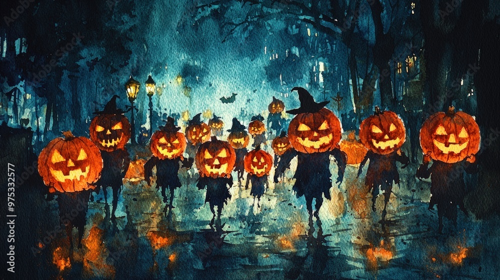 Spooky Halloween Night Jack-O-Lanterns Parade Watercolor Illustration. Spooky Halloween Night Jack-O-Lanterns Parade Watercolor Illustration.
