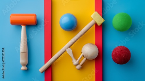 Set of four colorful wooden balls hammer and a rollercoaster toy isolated on colorful background