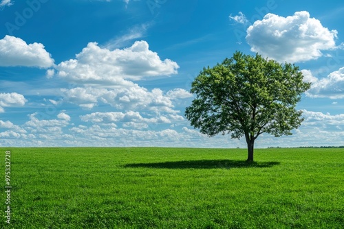 Green grass field lawn with tree and blue sky Green Meadows Beautiful Journey Through Nature Great as a background, web banner , ai