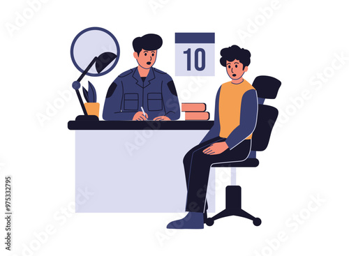 A flat illustration of a police officer seated at a desk, questioning a civilian during an investigation. The setting is formal with documents and books on the desk, reflecting an interrogation or inq