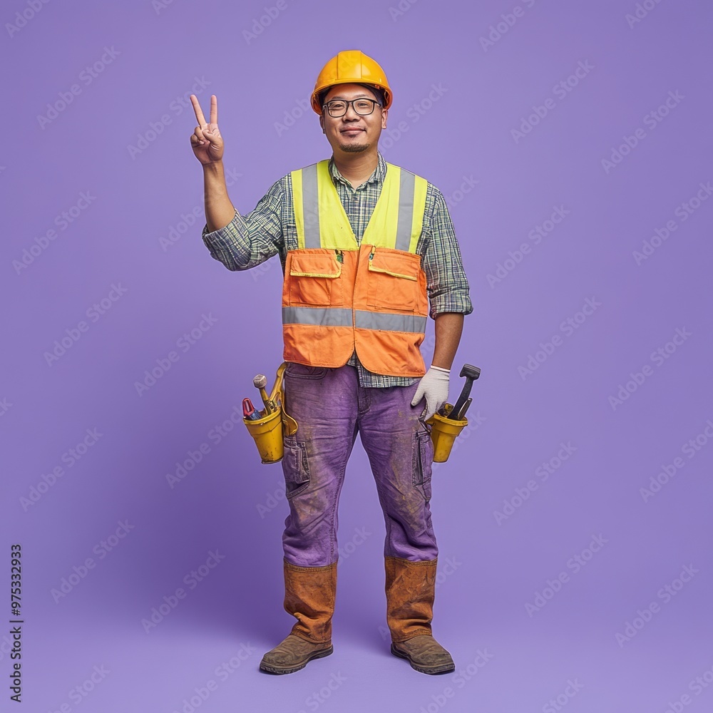 Construction Worker Power Pose: Full Body Portrait with Hammer and Peace Sign on Lavender Construction Worker Power Pose: Full Body Portrait with Hammer and Peace Sign on Lavender
