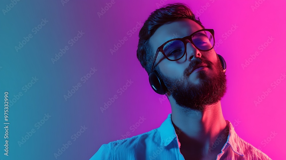 A man with glasses and headphones is illuminated by a blue and pink light, he has a beard and is wearing a white shirt. A man with glasses and headphones is illuminated by a blue and pink light, he has a beard and is wearing a white shirt.