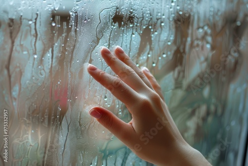 Woman wipes water condensation from window during high humidity at home in the morning photo