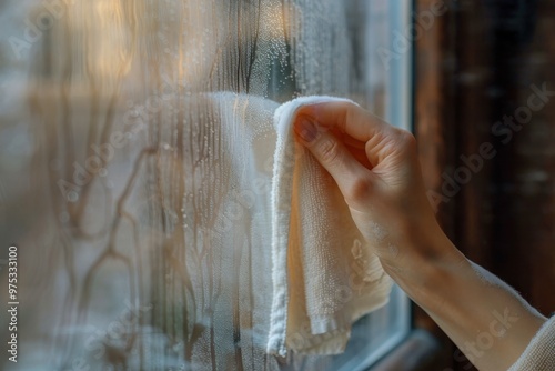 Woman wipes condensation from a fogged window at home to reduce high humidity and improve ventilation