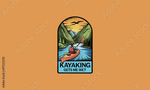 Kayaker paddling through a scenic river at sunset.