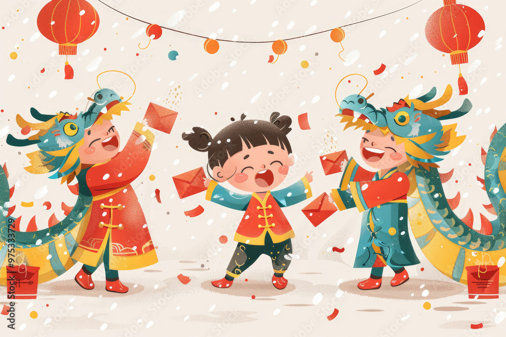 Chinese New Year, a group of children playing happily together with illustrations Chinese New Year, a group of children playing happily together with illustrations