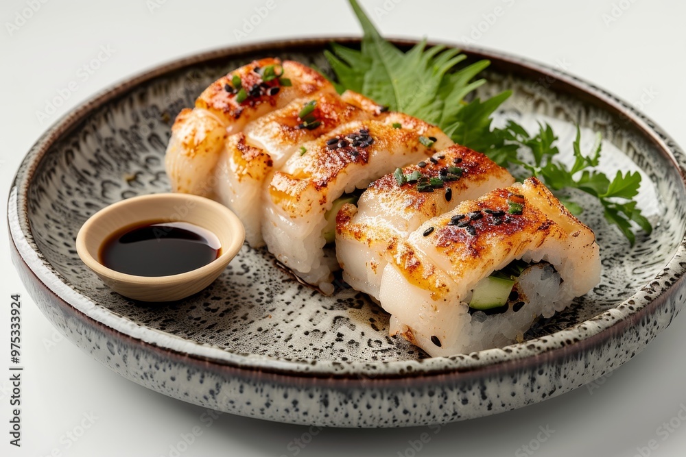 Japanese harumaki with dipping sauce Japanese harumaki with dipping sauce
