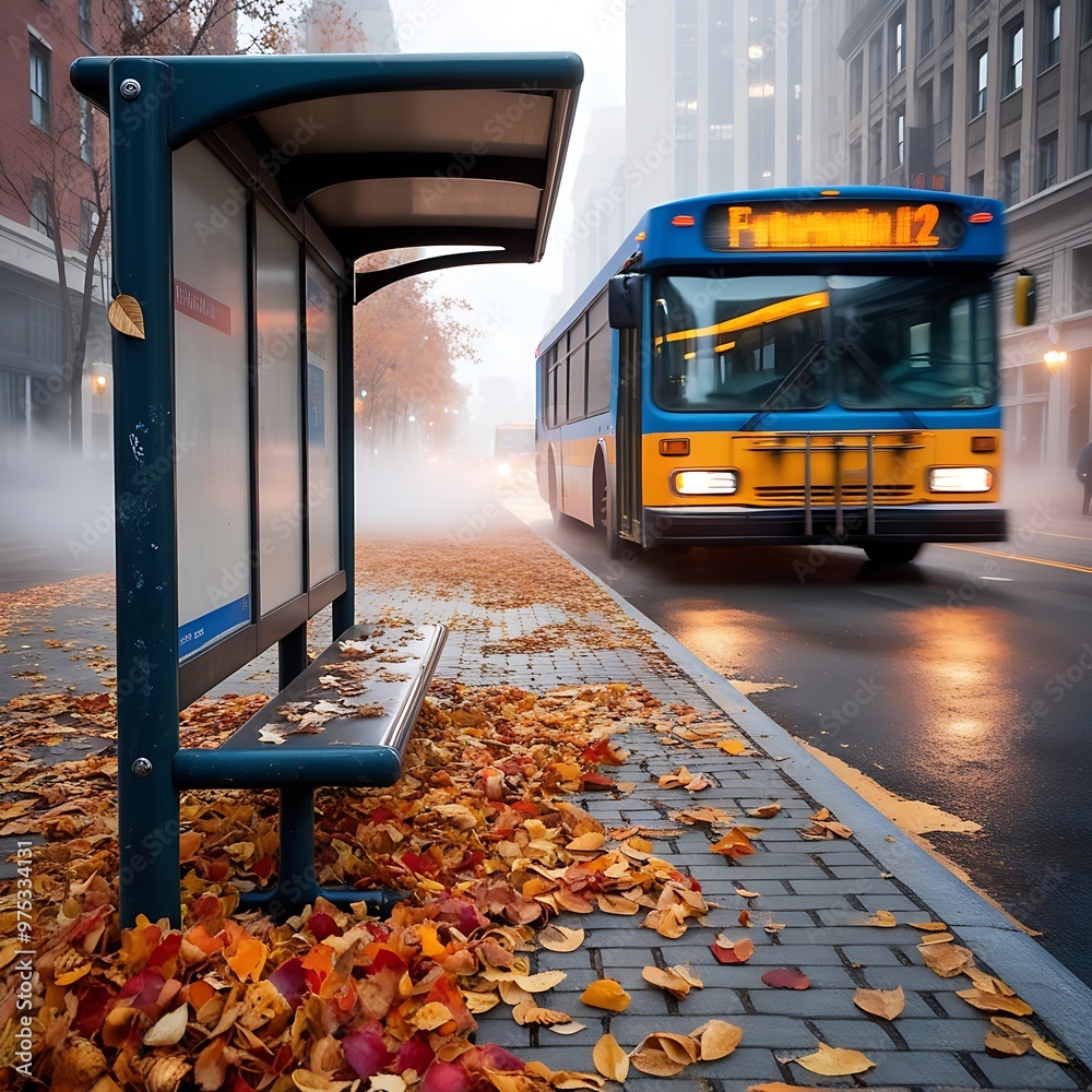 Obraz premium A bus stop with an empty advertising billboard in an urban setting with fallen leaves on the ground and a bus passing by in the background