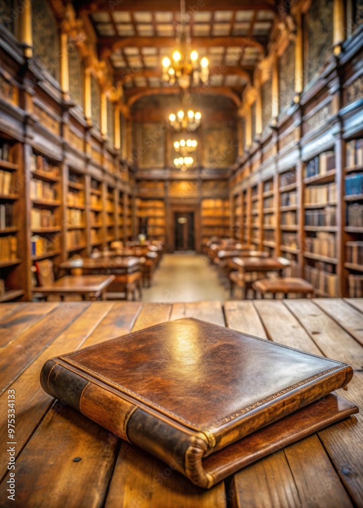 Leather Bound Book on a Wooden Table in a Library Leather Bound Book on a Wooden Table in a Library