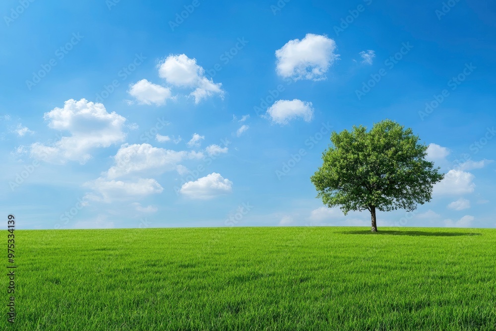 Green grass field lawn with tree and blue sky Green Meadows Beautiful Journey Through Nature Great as a background, web banner , ai Green grass field lawn with tree and blue sky Green Meadows Beautiful Journey Through Nature Great as a background, web banner , ai