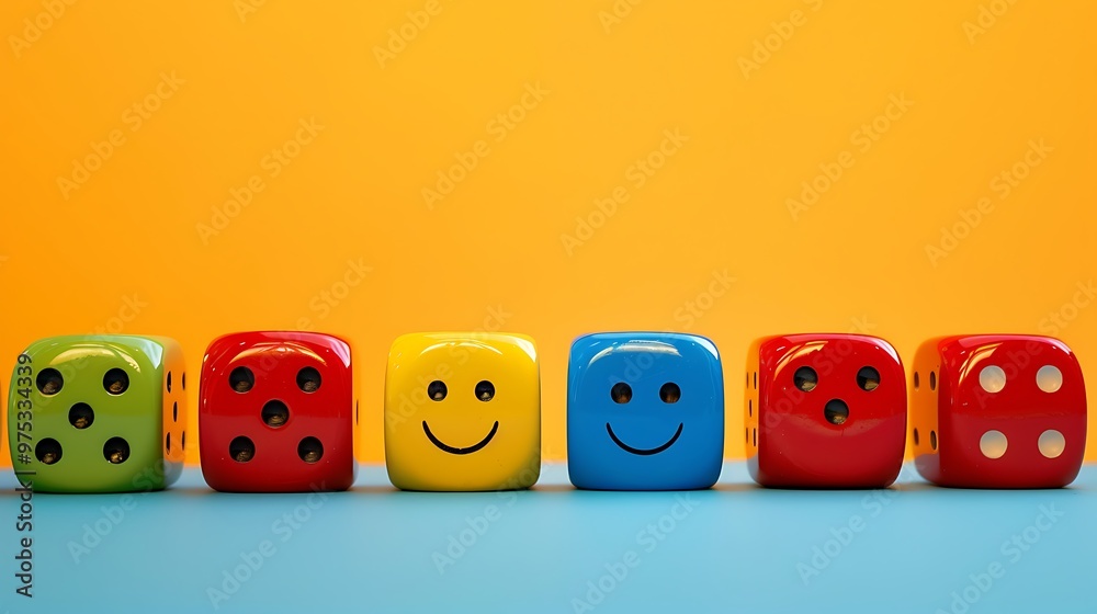 Obraz premium Six colorful gaming pieces smiling isolated on colorful background